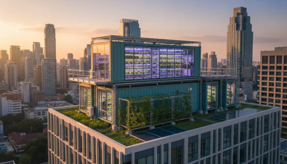 Rooftop vertical farm containers in urban city environment demonstrating sustainable urban farming solutions