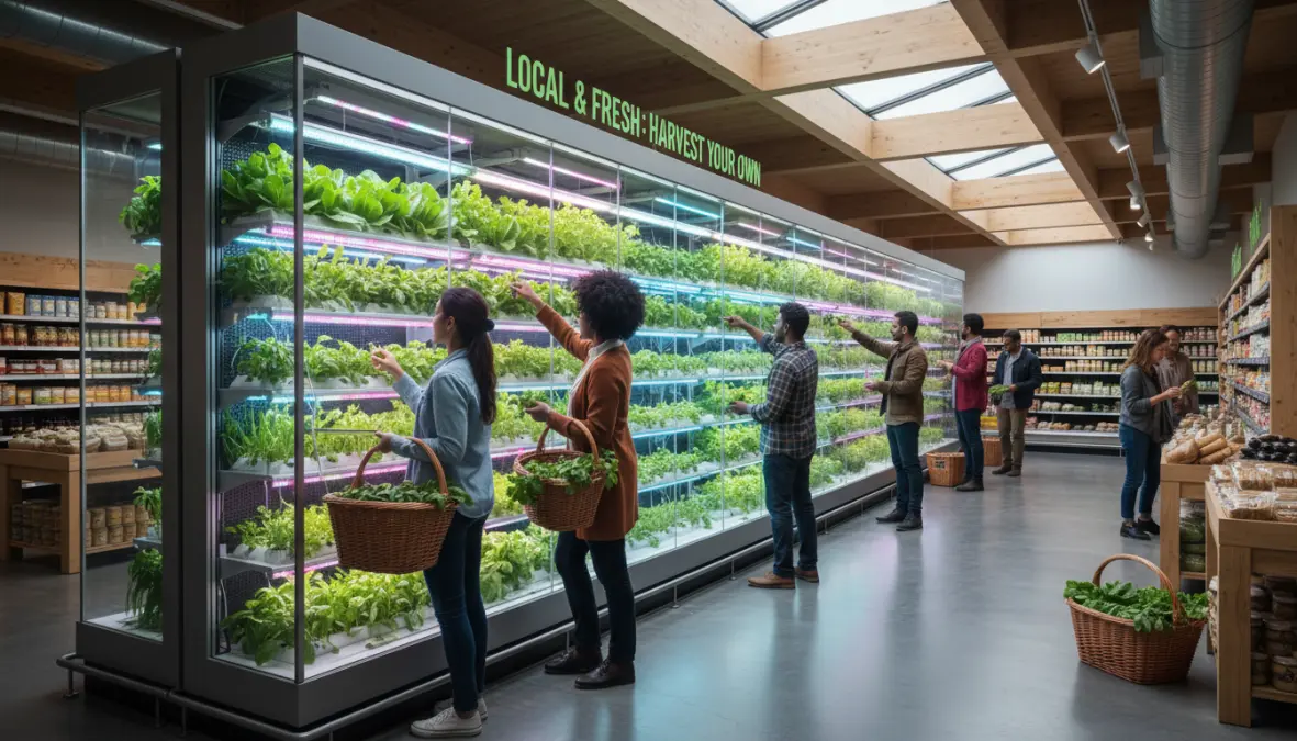 In-store vertical farming system in supermarket providing fresh local food production for urban communities