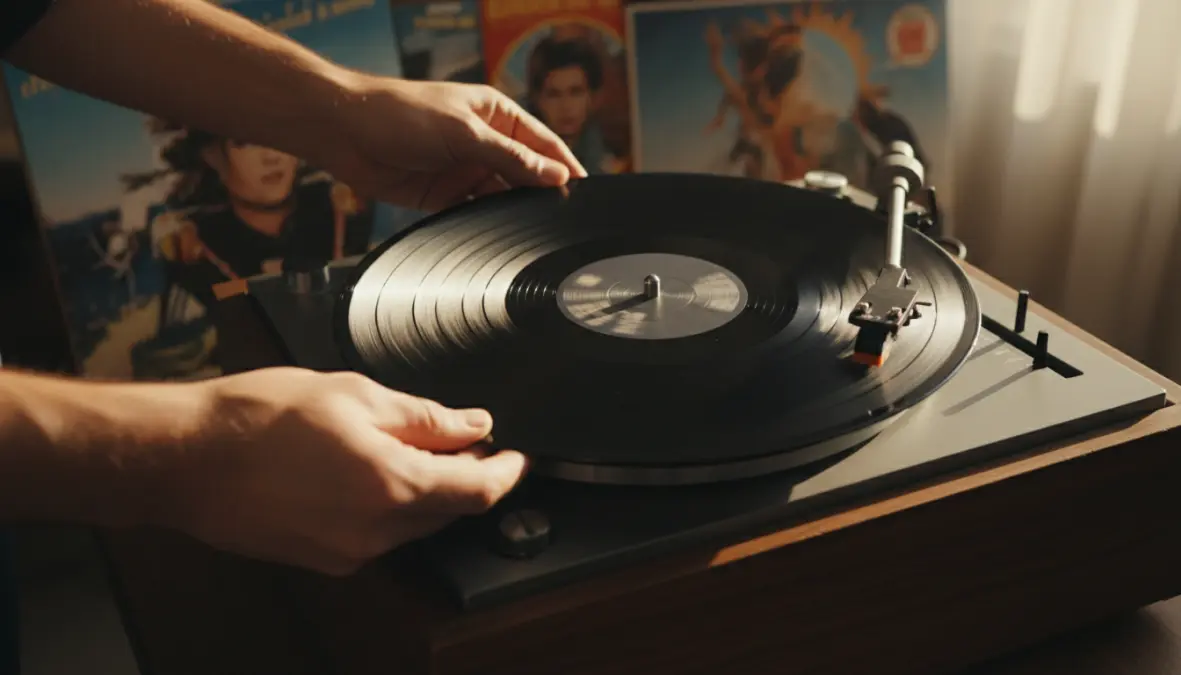 Hands placing vinyl record on turntable showing tangible music experience and analog warmth