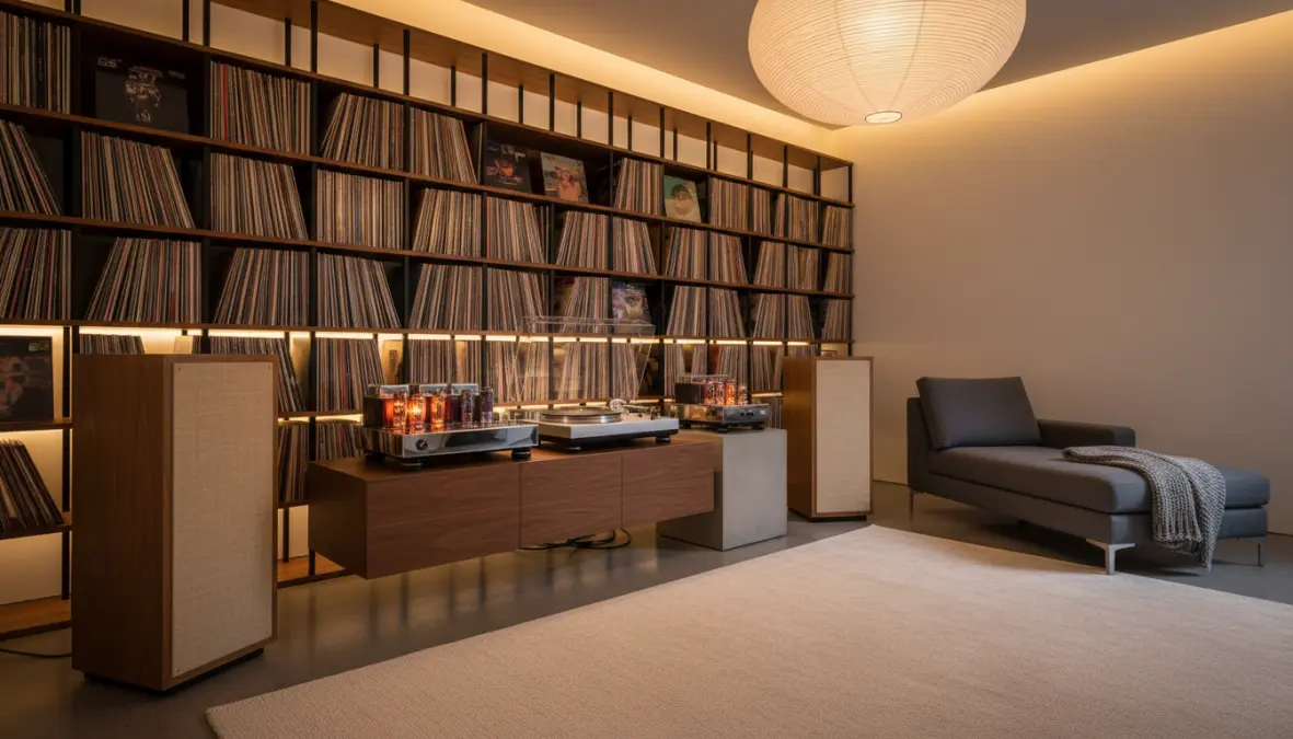 Audiophile vinyl setup with vintage audio equipment and turntable showing sound quality