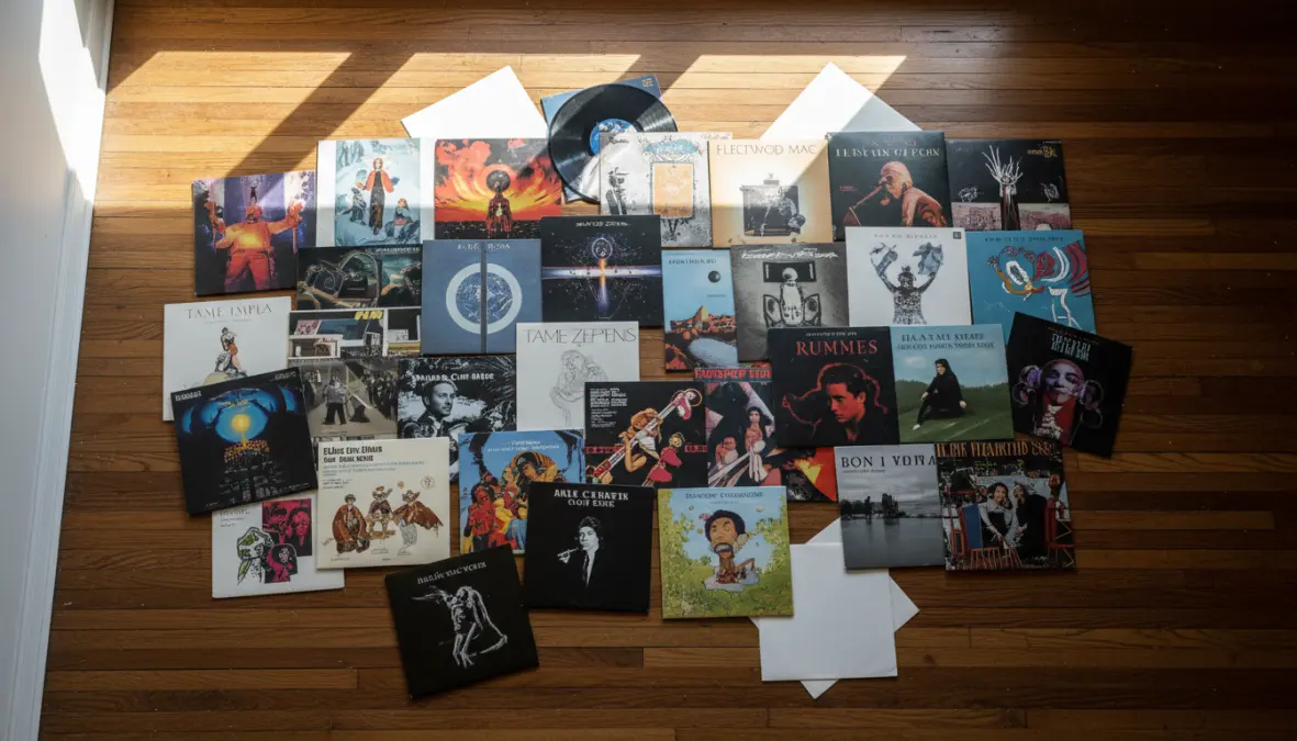 Collection of vinyl LP albums showing album artwork and physical media revival trend