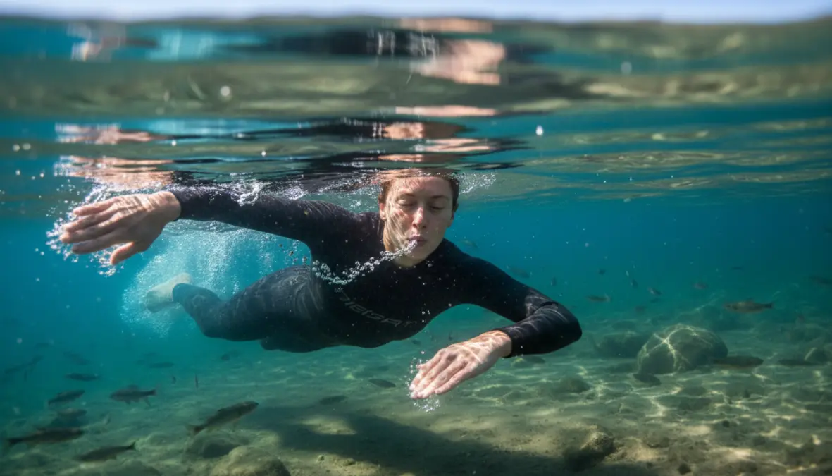 Wild swimmer demonstrating proper breathing technique for cold water immersion safety