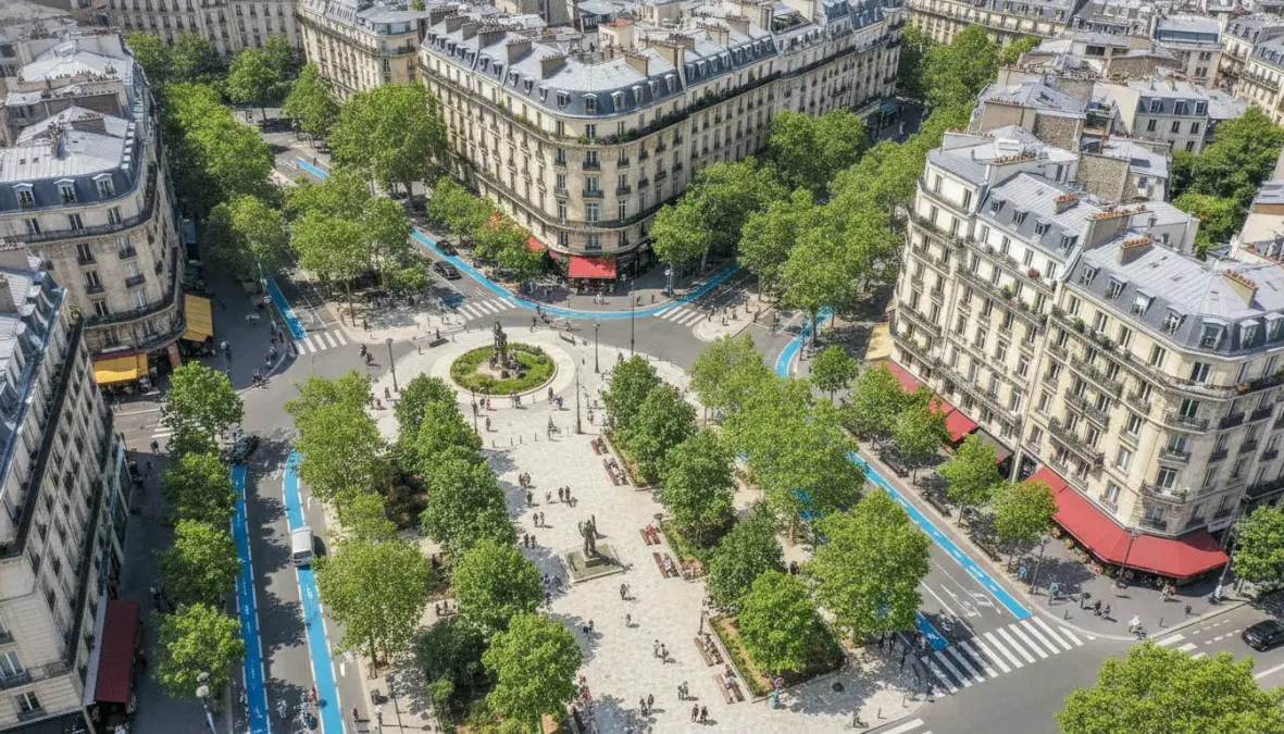 Aerial view of complete neighborhood demonstrating 15 minute city urban planning with walkable streets and mixed-use development