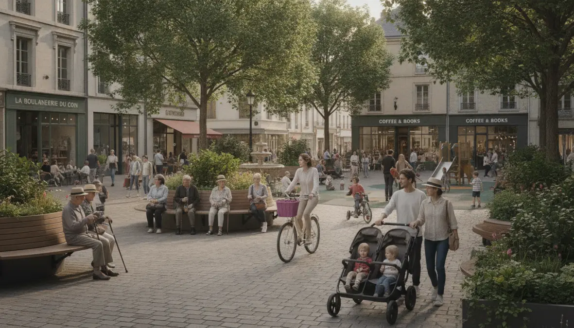 Community plaza showcasing pedestrian infrastructure and local amenities in walkable neighborhood design