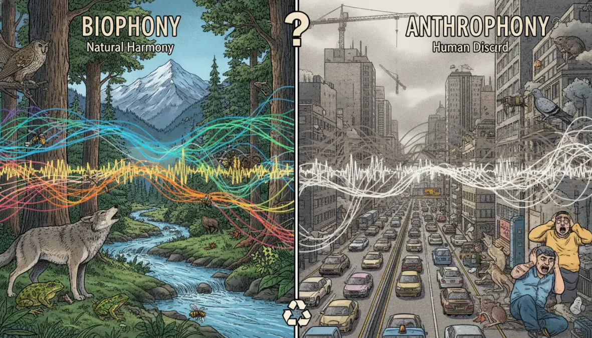 Visual comparison of healthy natural soundscape versus noise pollution impact on acoustic environment and wildlife