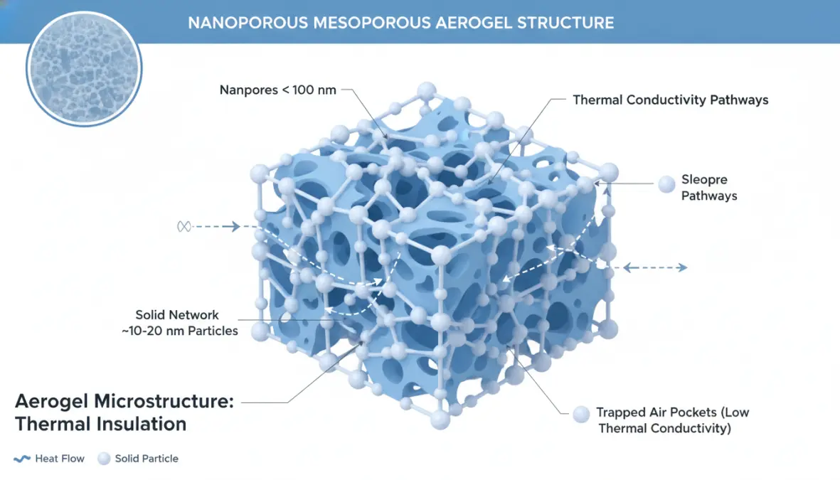 Aerogel nanoporous structure diagram showing thermal insulation properties and mesoporous architecture