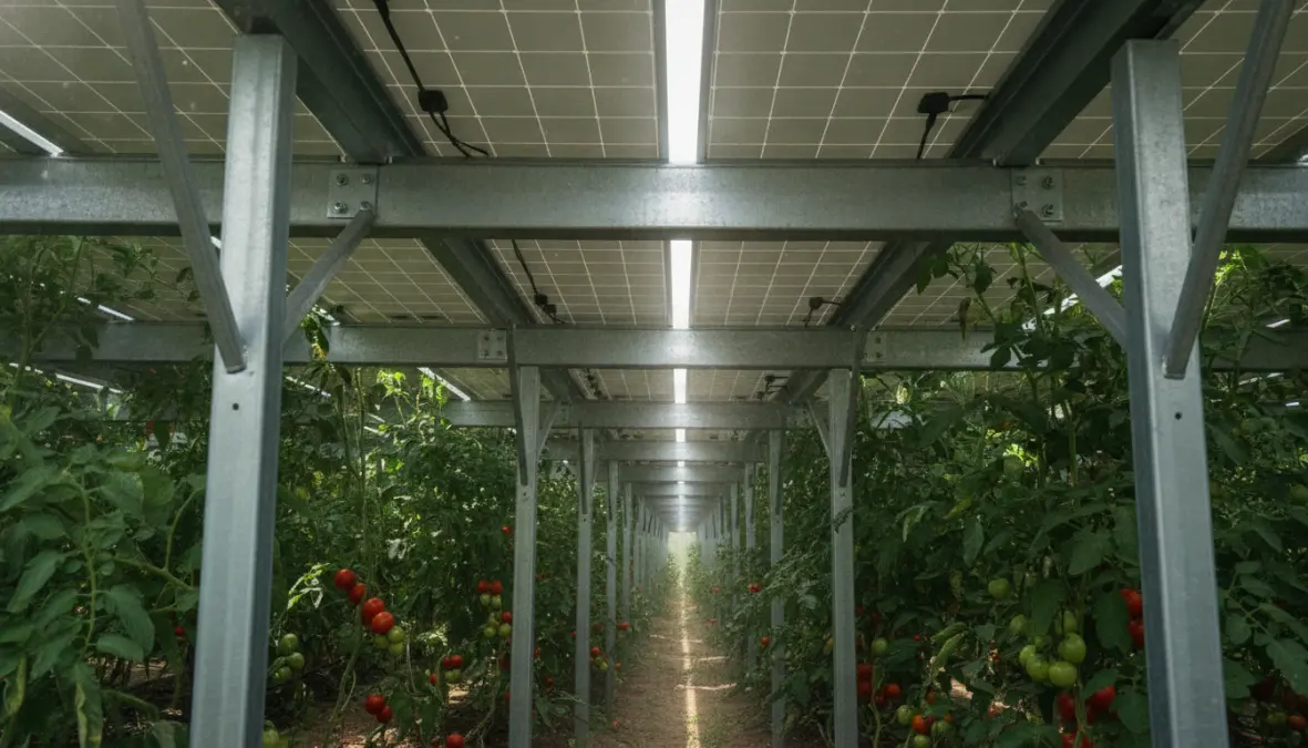 Bifacial solar modules installed above tomato crops in photovoltaic agriculture system showing dual land use