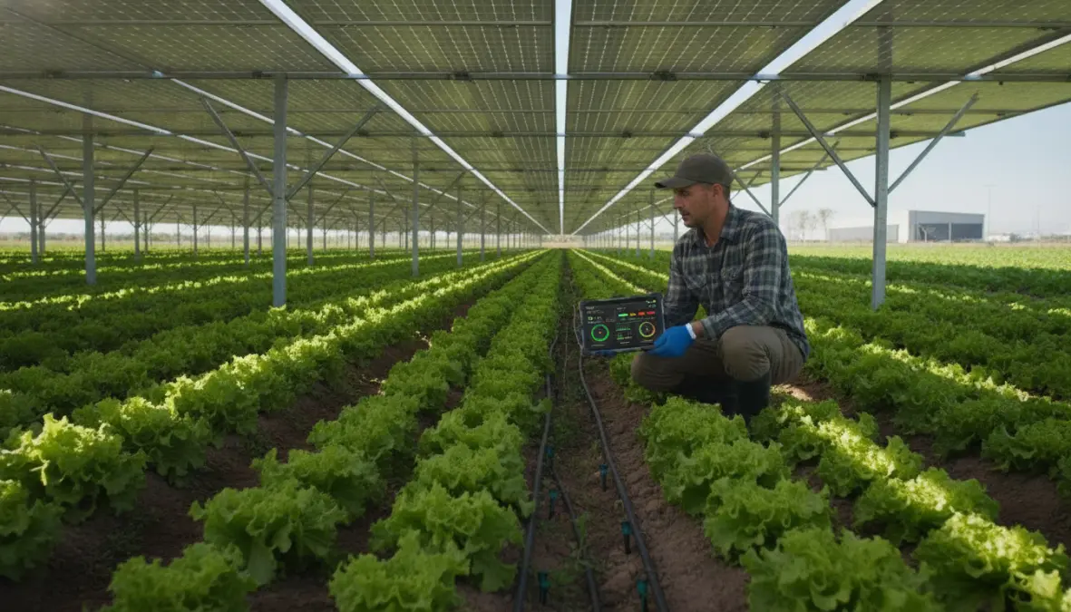 Farmer managing shade-tolerant crops under solar panels in agrivoltaic system for sustainable agriculture