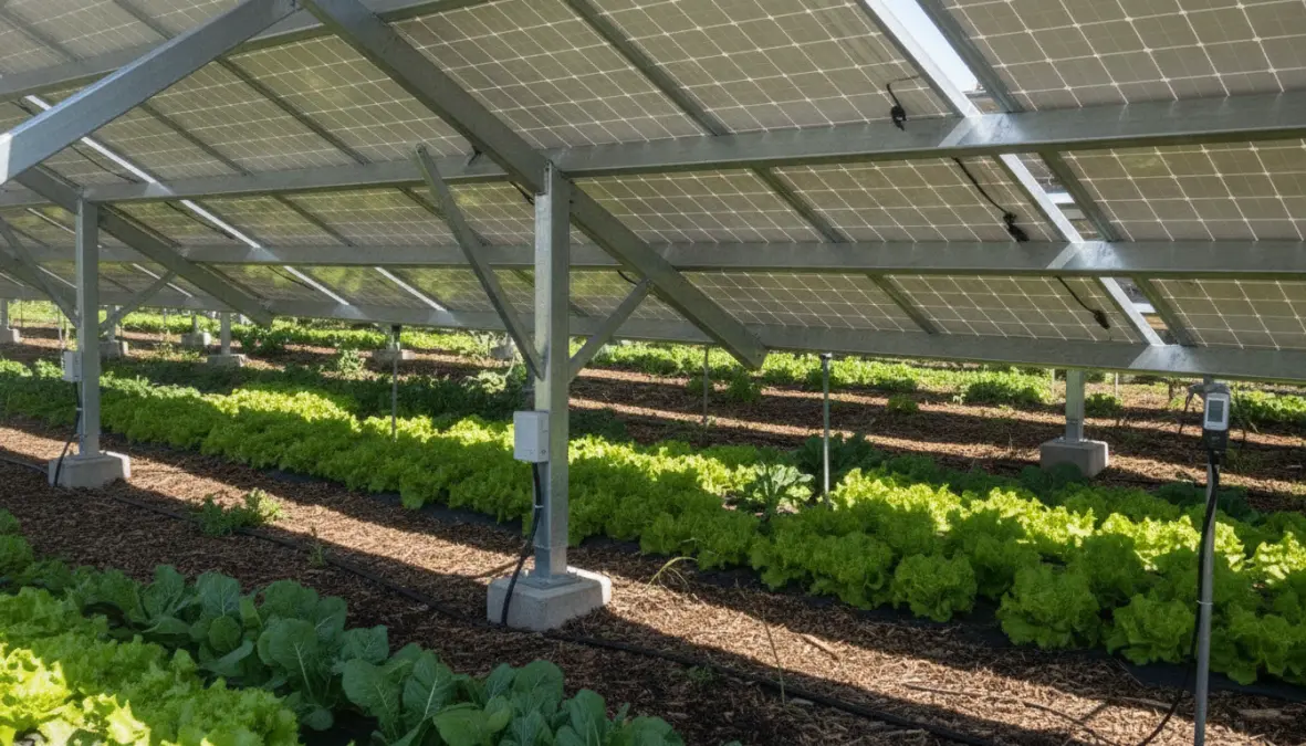 Detailed view of agrivoltaic system with solar panels mounted above shade-tolerant crops in organized rows