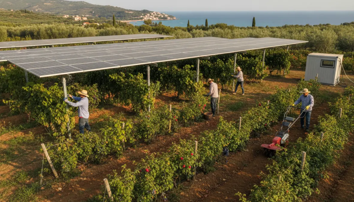 Solar panel farming system with crops growing beneath photovoltaic modules demonstrating dual-use agriculture
