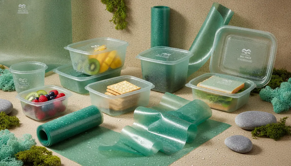 Biodegradable packaging made from algae including containers and films demonstrating sustainable packaging solutions