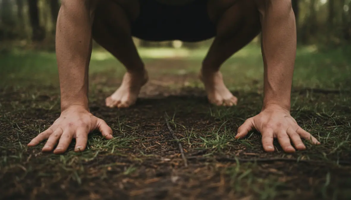 Ground-based ancestral movement showing deep squat position and barefoot training on natural terrain