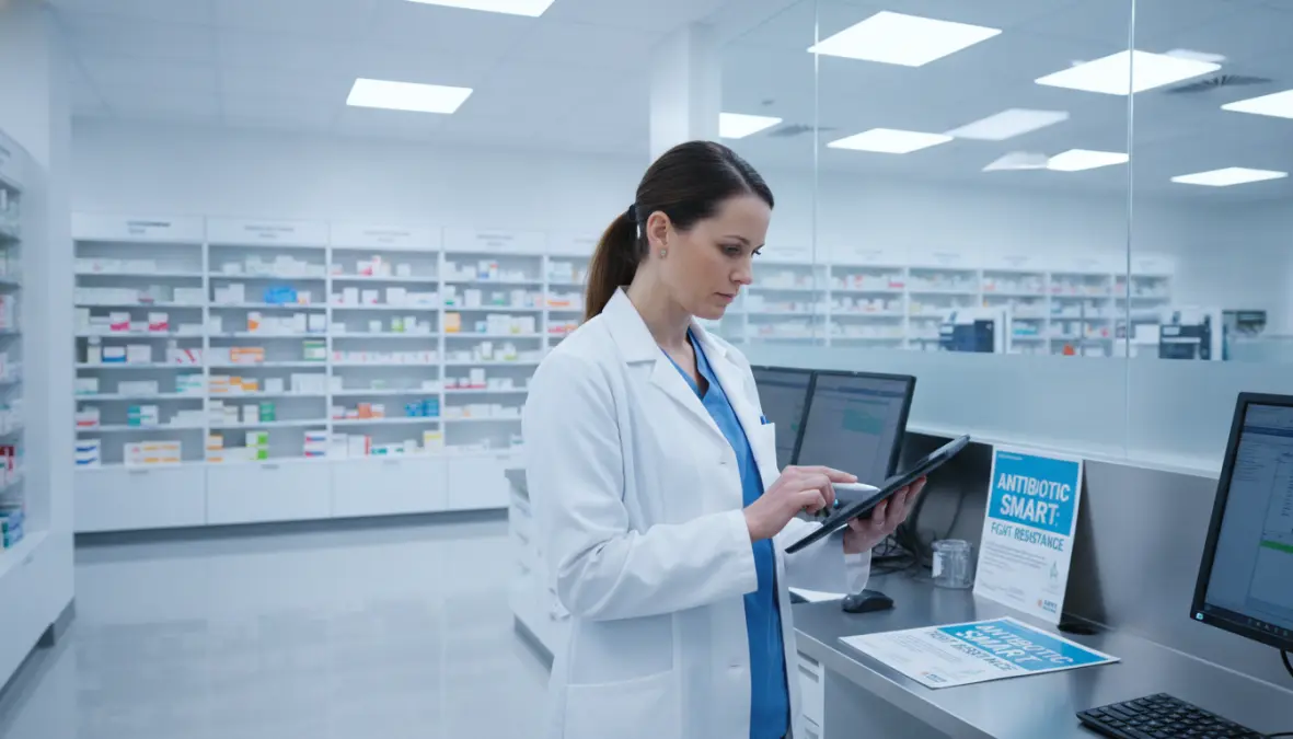 Healthcare professional implementing antimicrobial stewardship program in hospital pharmacy setting