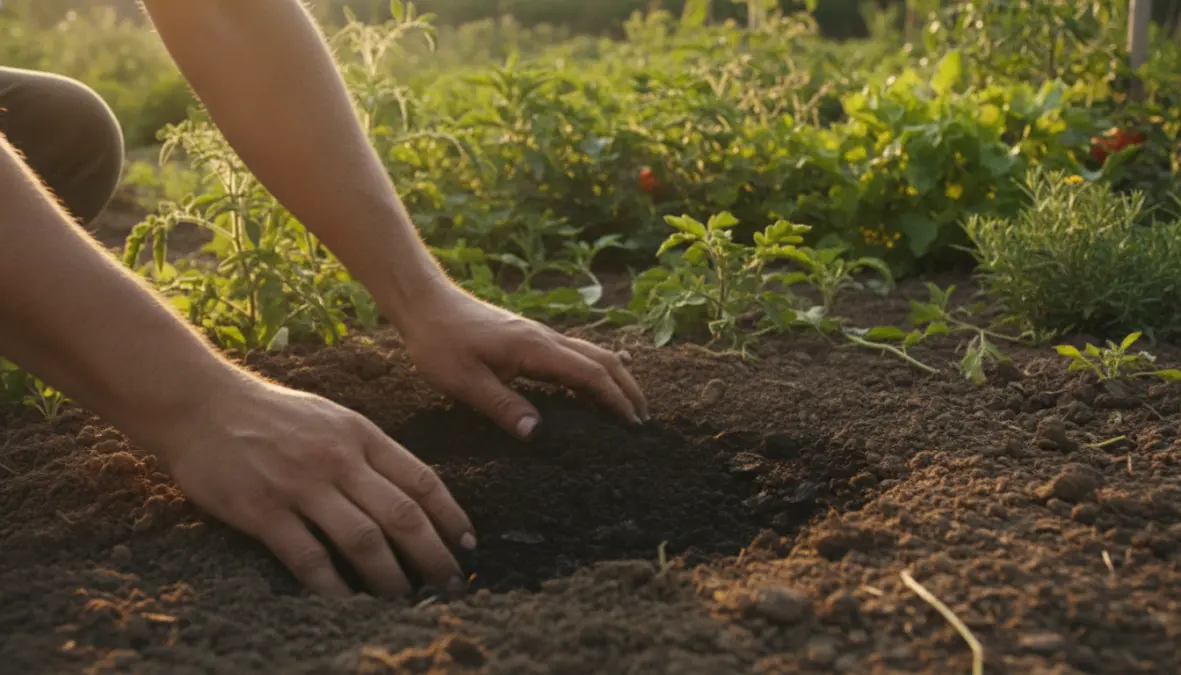 Farmer applying biochar soil amendment in sustainable agriculture for enhanced soil fertility
