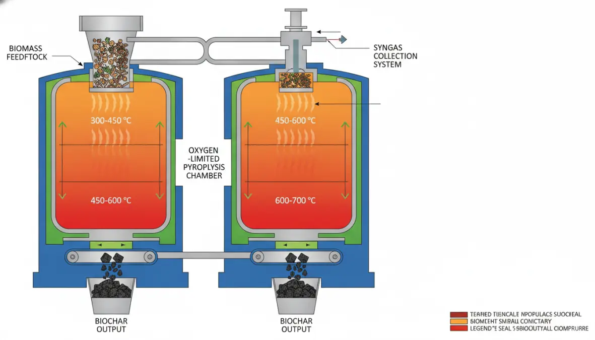 Pyrolysis process diagram showing biochar production temperature zones and biomass conversion stages
