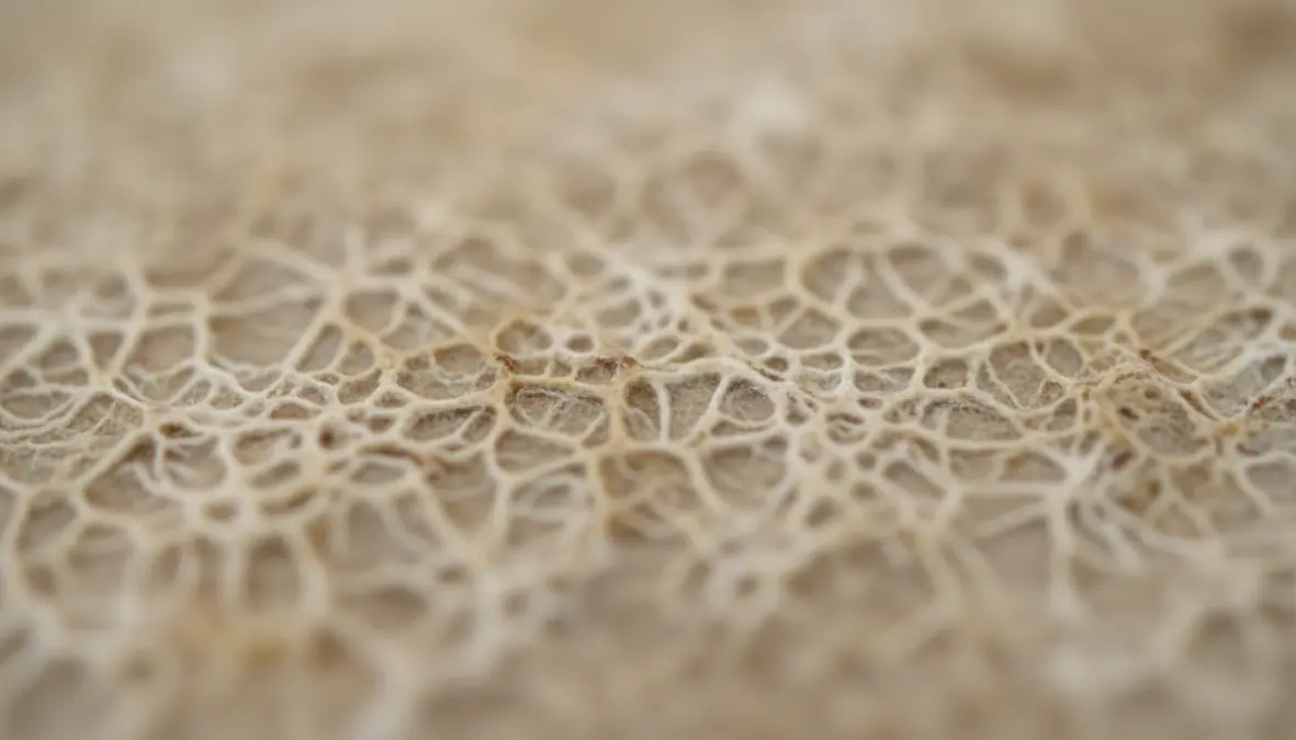 Detailed texture of mycelium leather biosynthetic fabric showing natural fibrous structure