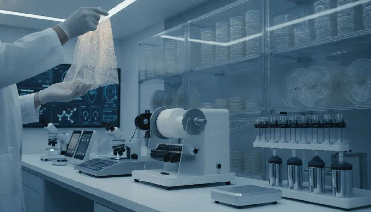 Lab-grown protein-based textiles and bacterial cellulose biosynthetic materials in research laboratory