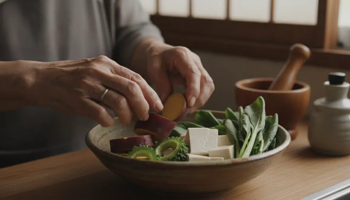 Traditional Okinawa diet meal preparation with sweet potatoes and vegetables showcasing Japanese longevity diet