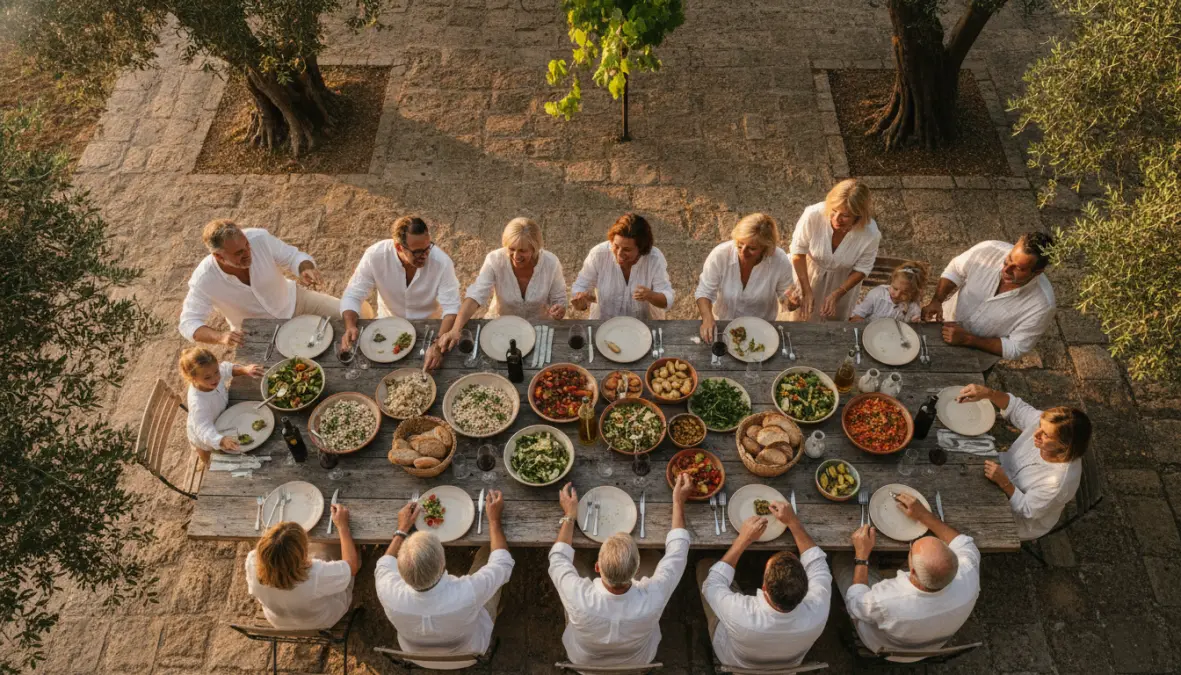 Multi-generational family practicing community eating habits with Mediterranean blue zones diet foods