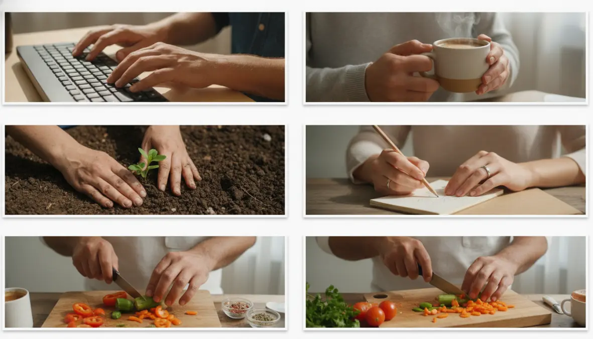 Hands performing daily activities demonstrating body neutrality and functional acceptance practices