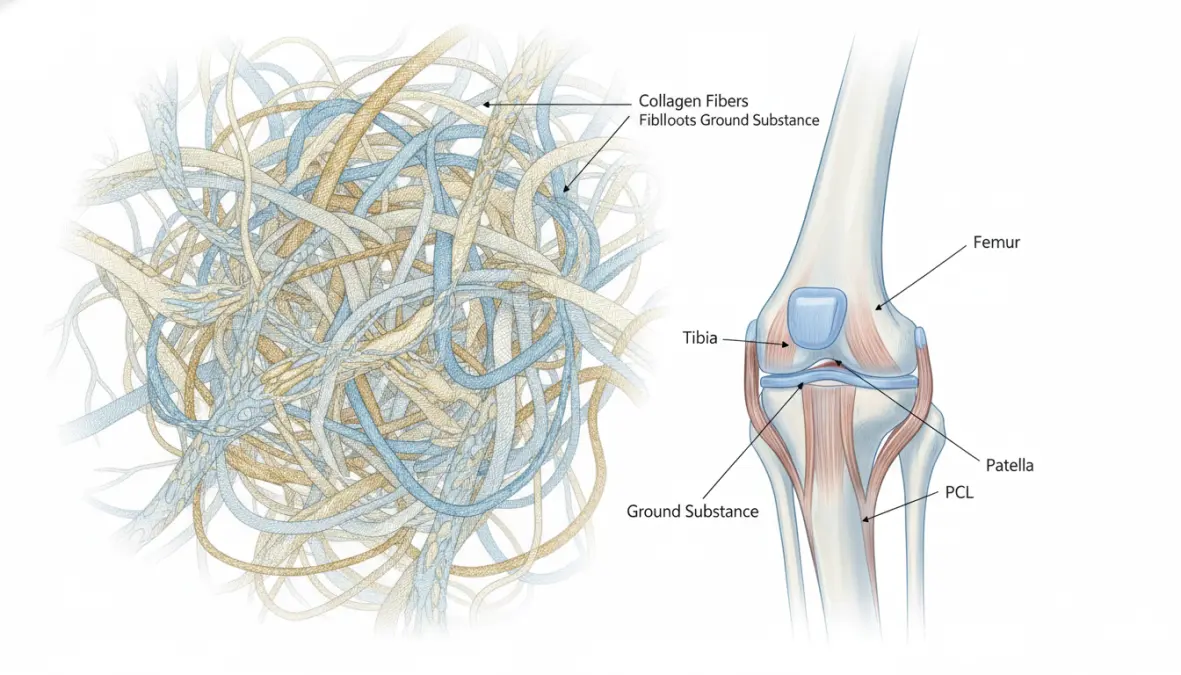 Collagen structure and joint anatomy illustration demonstrating bone broth benefits for joint health