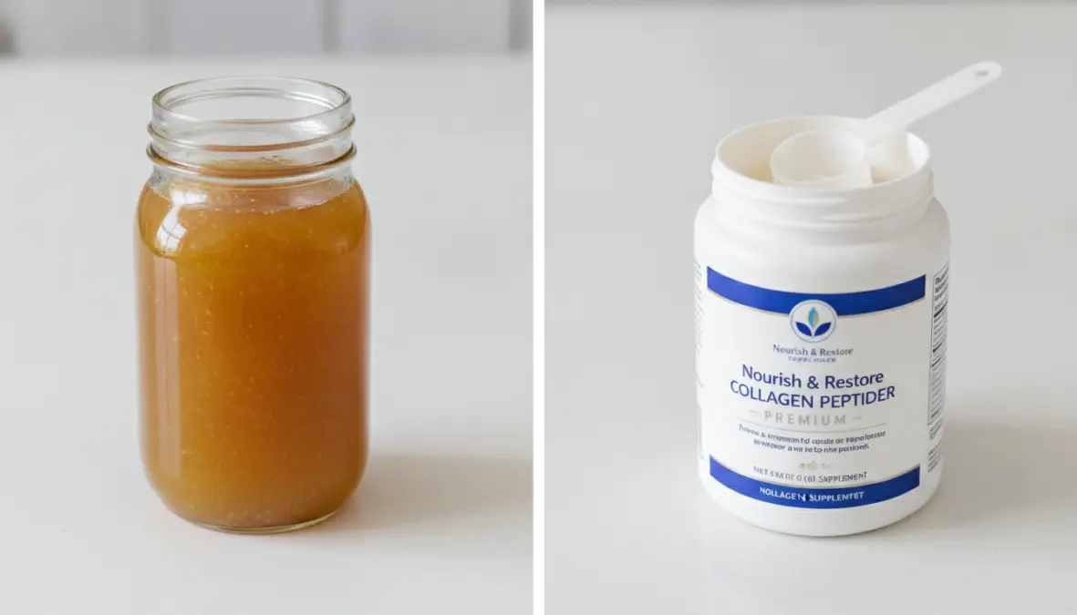 Comparison of bone broth versus collagen supplements showing different forms of collagen supplementation