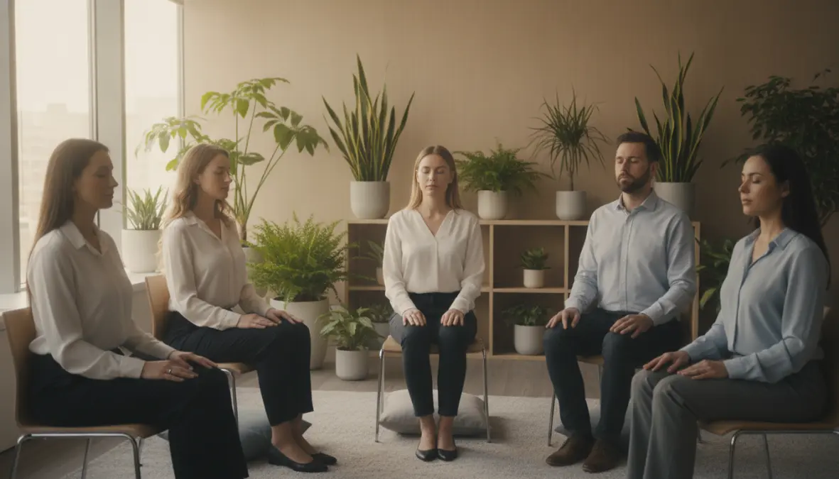 People practicing box breathing for anxiety relief and stress management in workplace setting