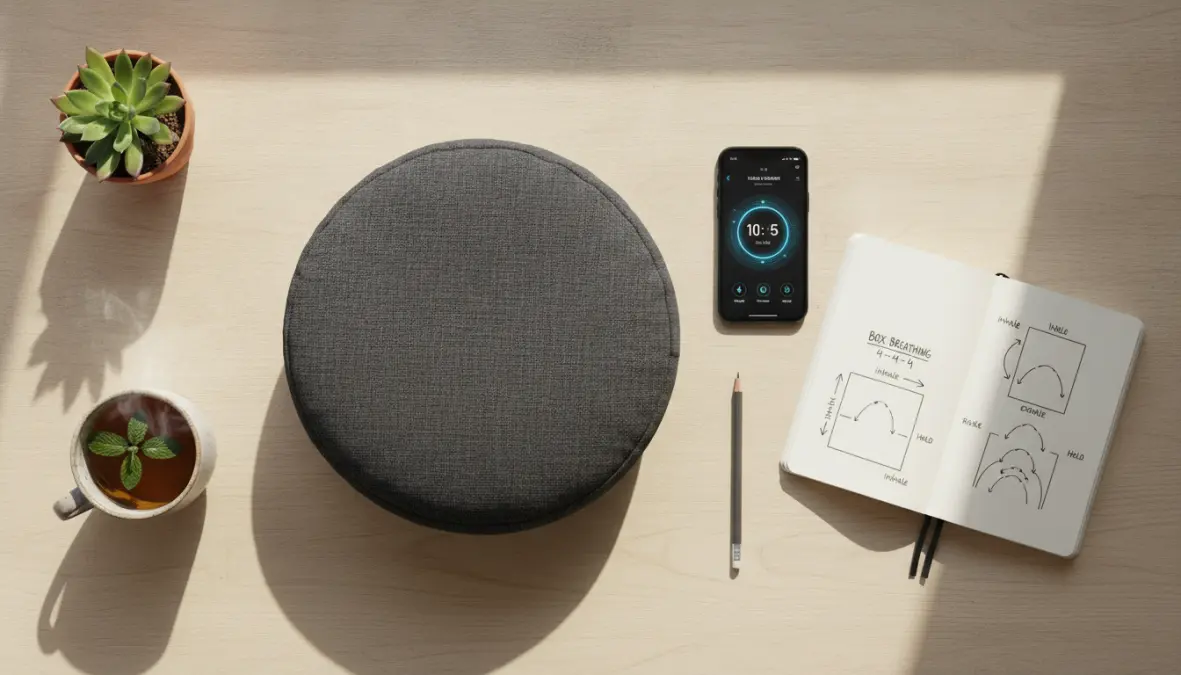 Daily breathwork practice setup showing breathing exercises and meditation tools