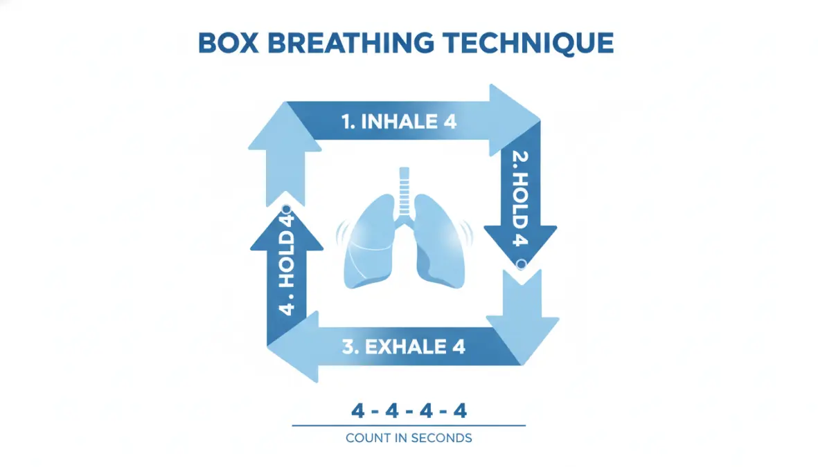 Box breathing technique diagram showing 4-4-4-4 breathing pattern for stress relief and relaxation