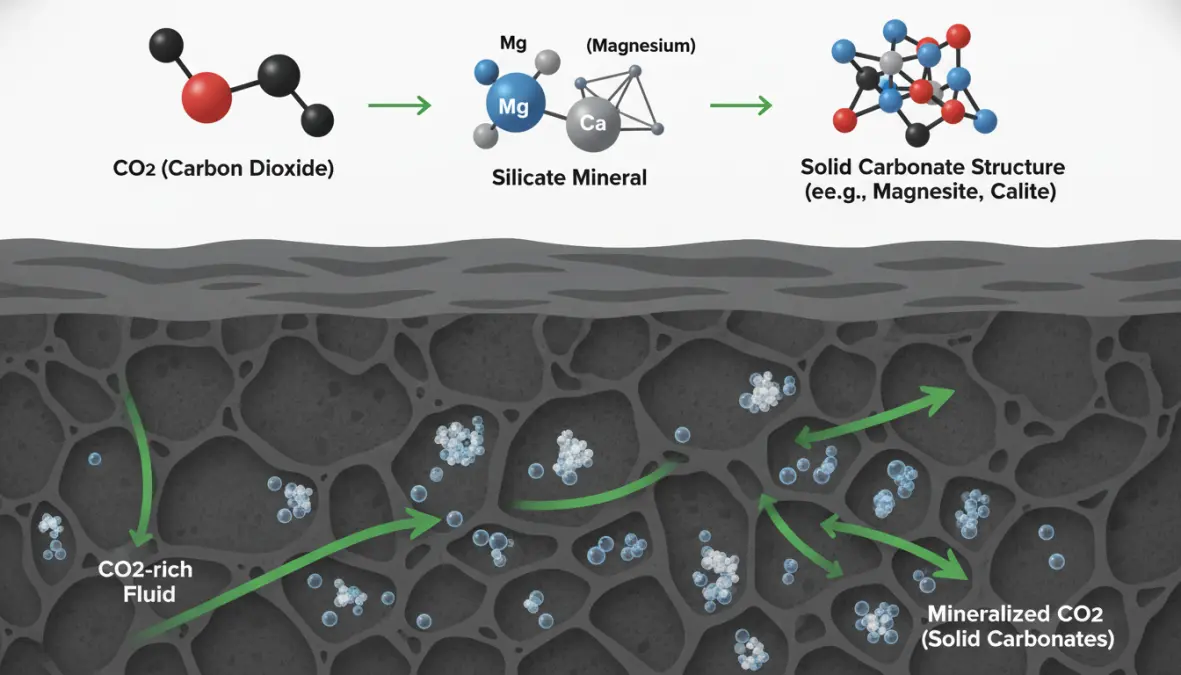 Chemical process diagram showing how CO2 mineralization converts carbon dioxide into solid minerals
