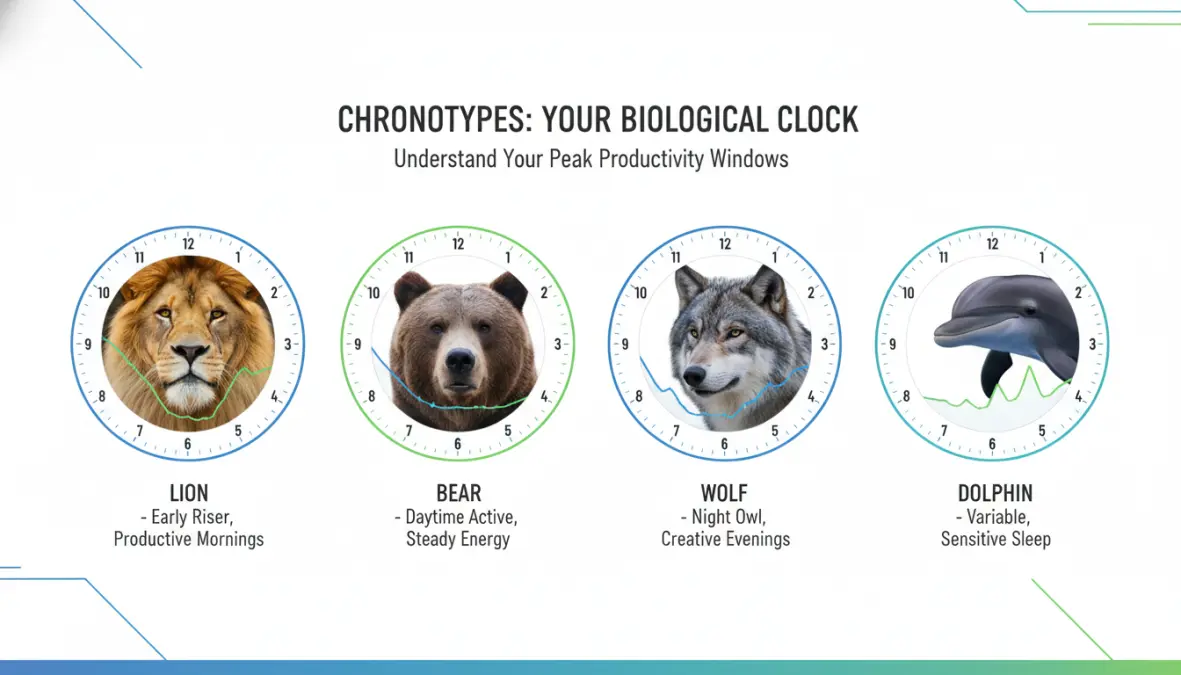 Chronotype categories showing lion, bear, wolf, and dolphin with biological clock productivity patterns