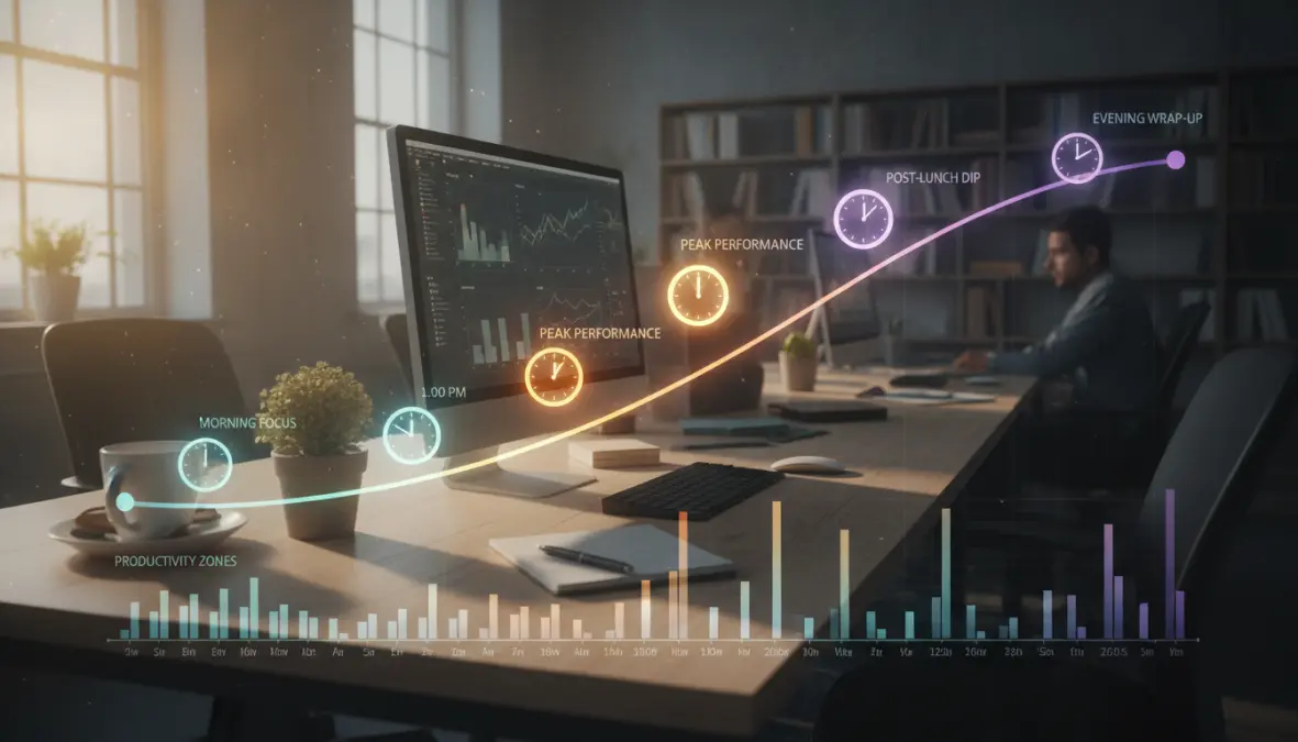 Natural rhythm productivity energy levels throughout the day with peak performance timing visualization