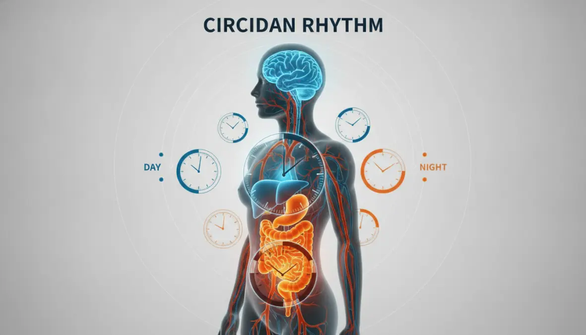 Circadian rhythm fasting concept showing body clock and internal organs synchronized with meal timing
