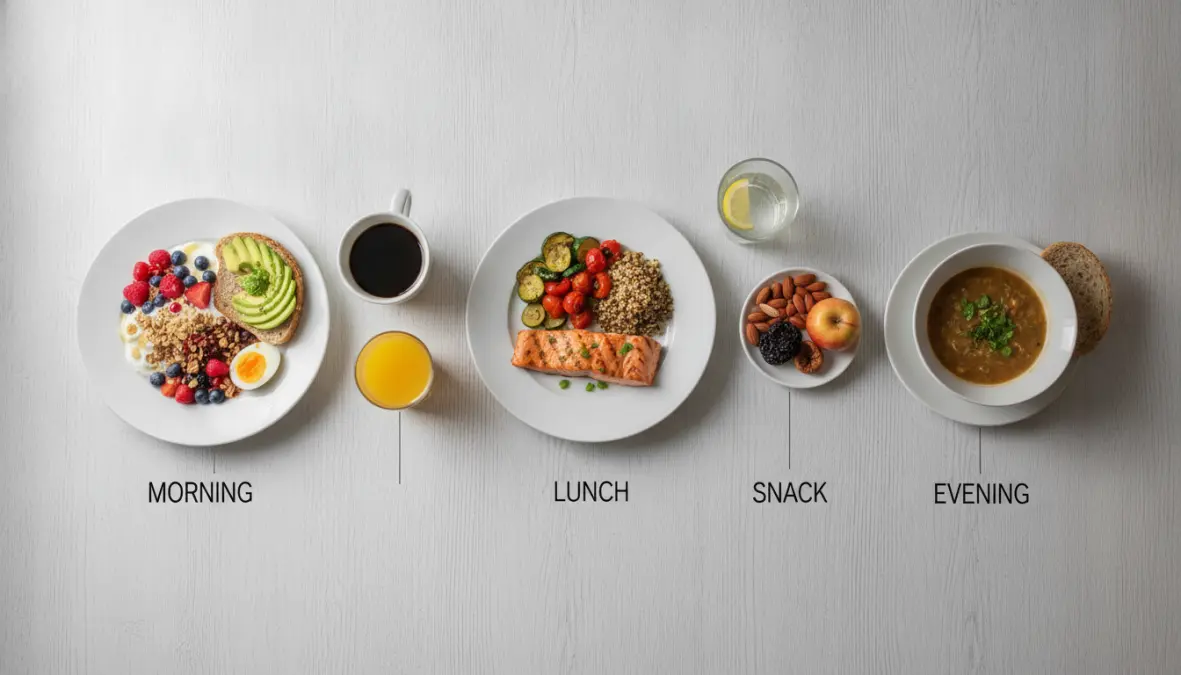 Time-restricted eating schedule showing optimal circadian fasting meal timing from breakfast to early dinner