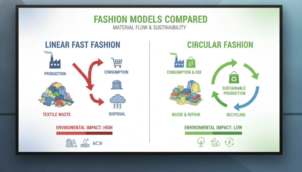 Visual comparison of fast fashion linear model versus circular fashion models environmental impact