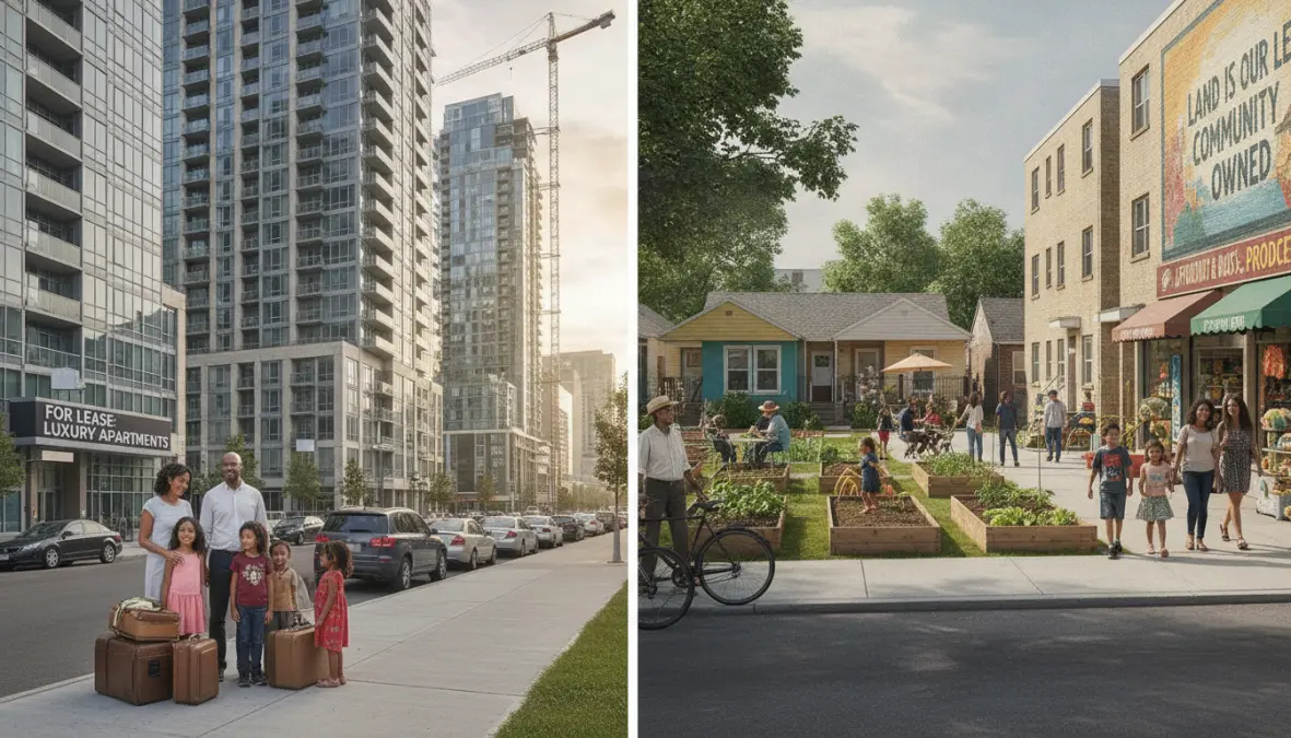 Visual comparison showing how community land trusts prevent gentrification and displacement