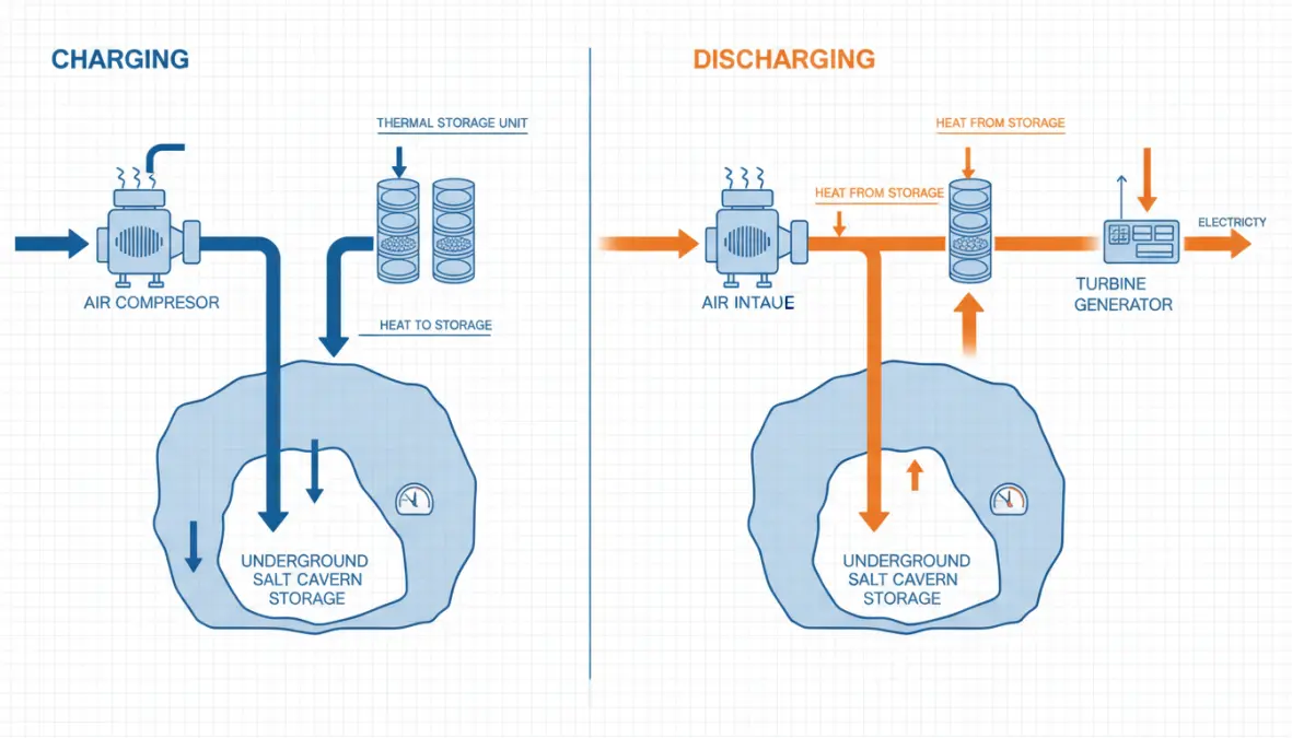 How compressed air energy storage works diagram showing charging and discharging cycle with cavern storage and turbine generation