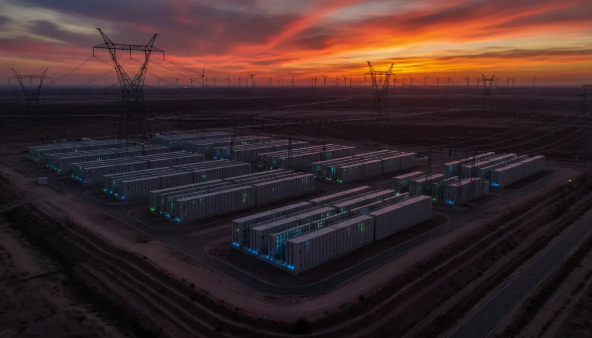Grid scale energy storage facility connected to power transmission infrastructure for renewable energy integration and grid balancing