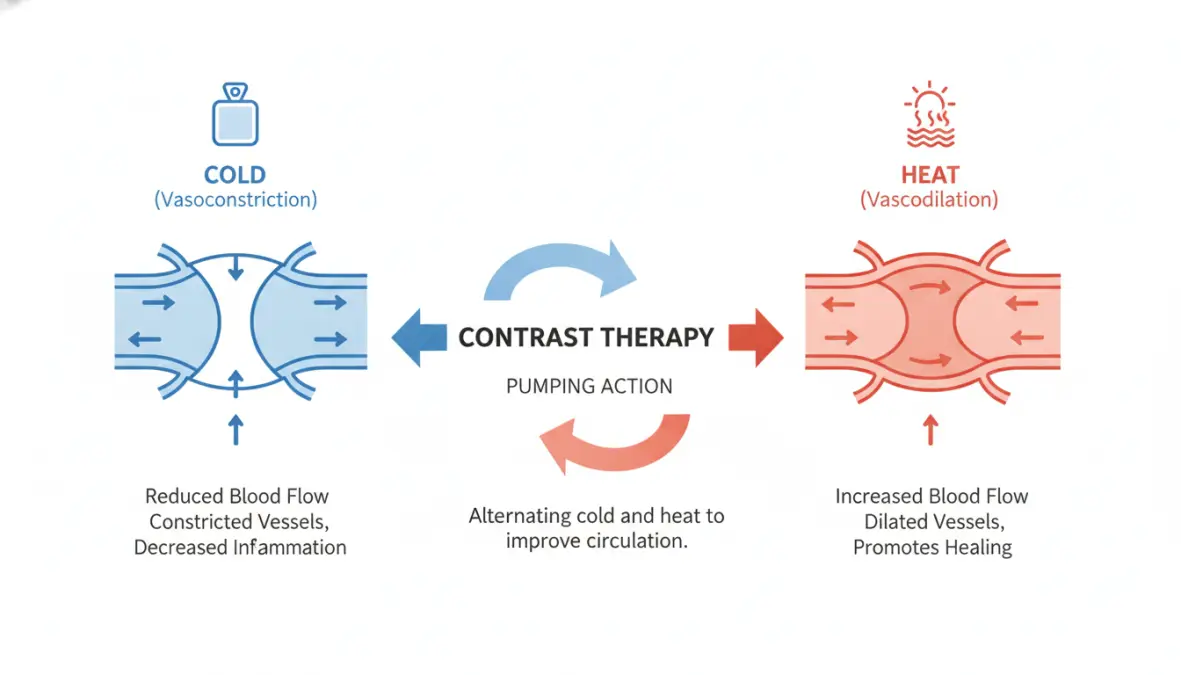 Vasoconstriction and vasodilation process diagram showing how contrast therapy affects blood flow