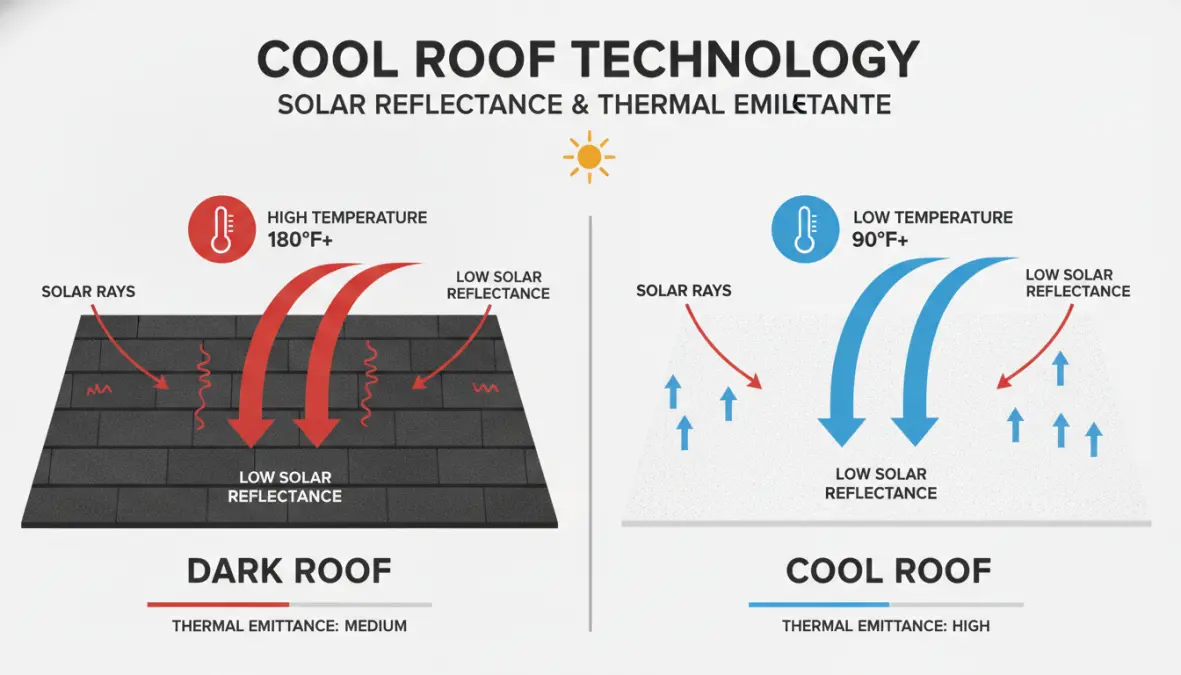 Diagram showing how cool roof technology works with solar reflectance and thermal emittance to reduce heat absorption
