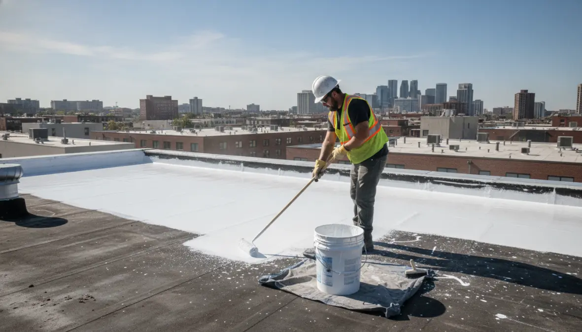 Installation of white cool roof coating on existing building demonstrating reflective roofing materials application
