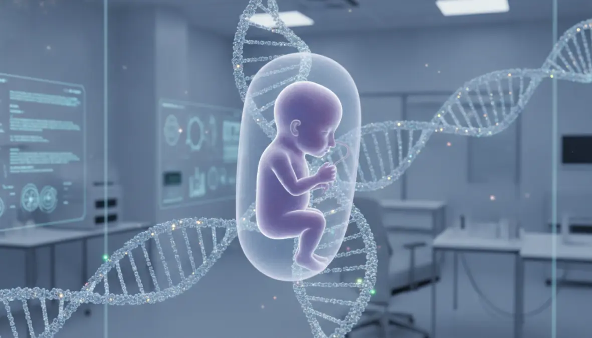 Embryo with DNA visualization representing germline editing and designer babies ethics debate