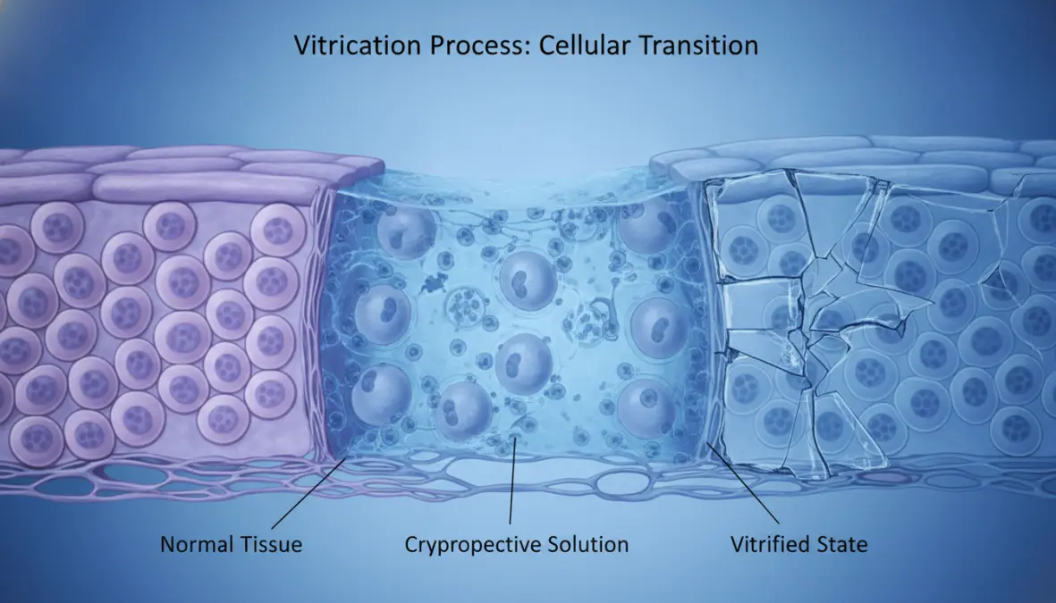 Processo di vetrificazione crionica che mostra la prevenzione della formazione di cristalli di ghiaccio nelle cellule