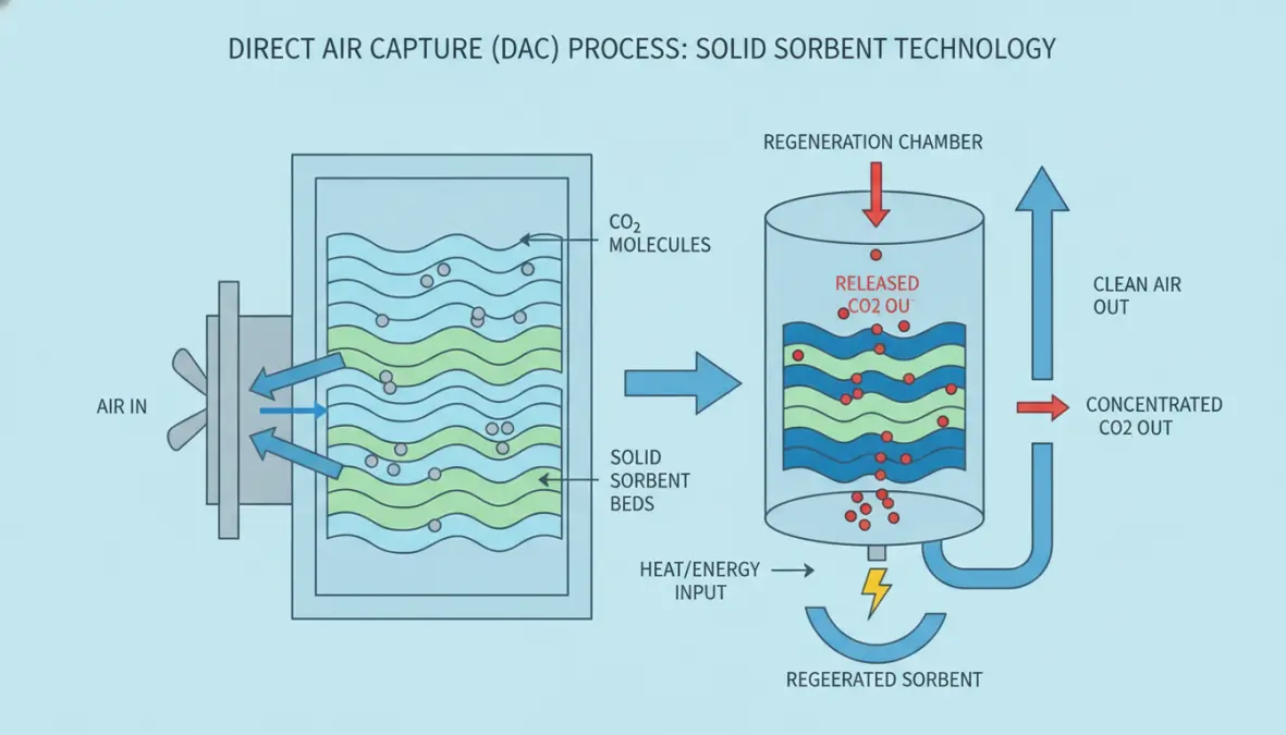 Diagram showing how direct air capture technology captures CO2 using solid sorbent filters
