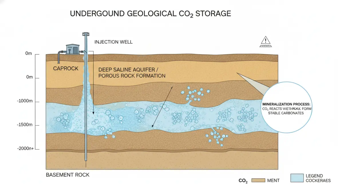 Geological storage of captured CO2 deep underground in porous rock formations