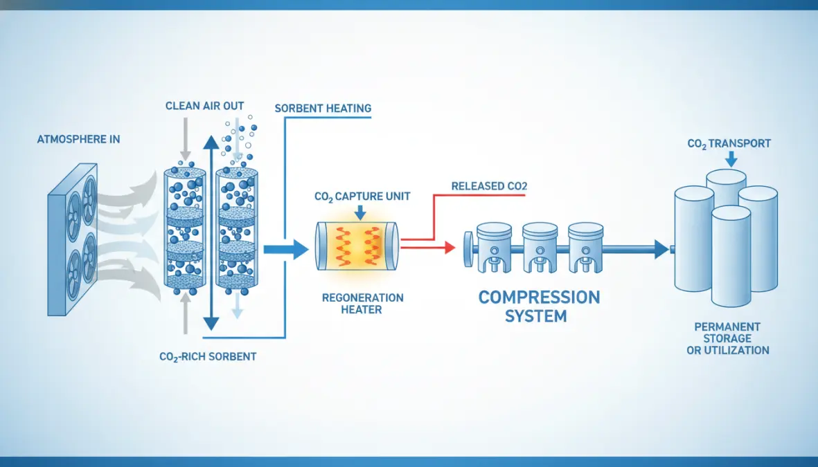 Direct air capture process diagram showing how DAC technology captures and stores carbon dioxide from atmospheric air