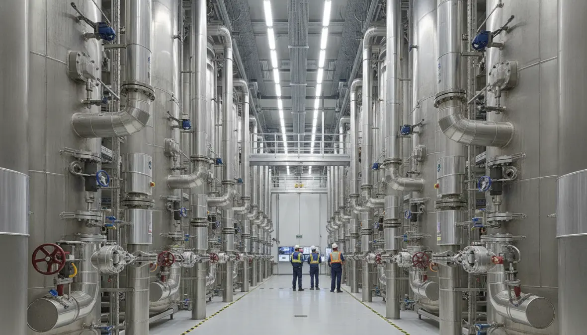 Commercial direct air capture facility interior showing CO2 removal machines and carbon capture technology equipment