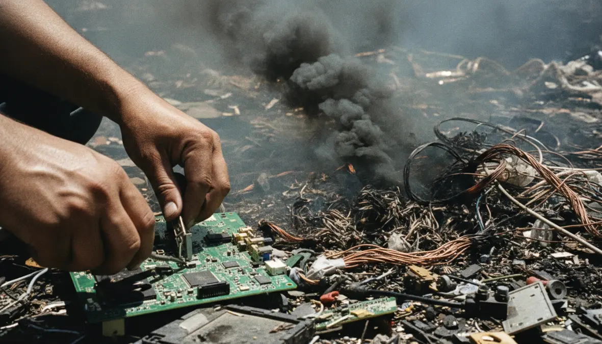 Informal e-waste recycling showing hazardous manual dismantling of circuit boards and toxic materials
