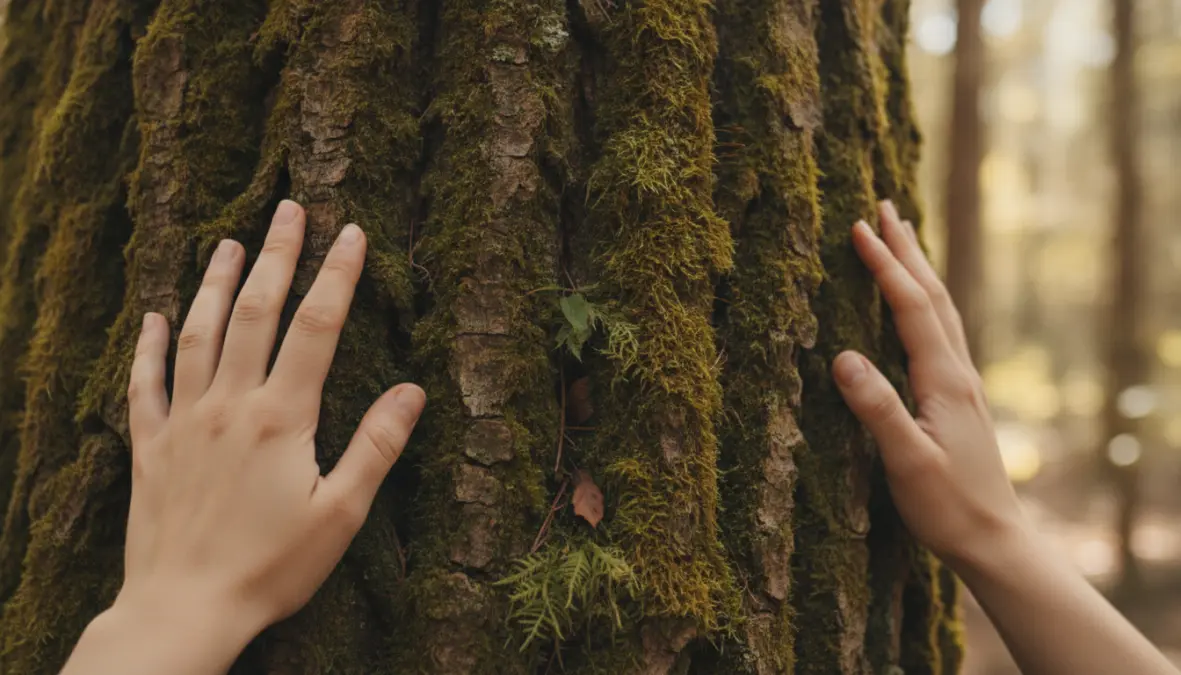 Forest bathing benefits demonstrated through mindful tactile connection with nature during outdoor therapy session