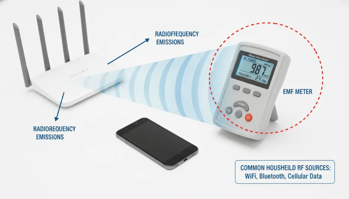 EMF meter measuring electromagnetic radiation levels from WiFi router and smartphone for EMF exposure safety assessment